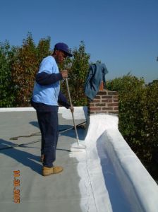 ECA worker applying white coating to roof